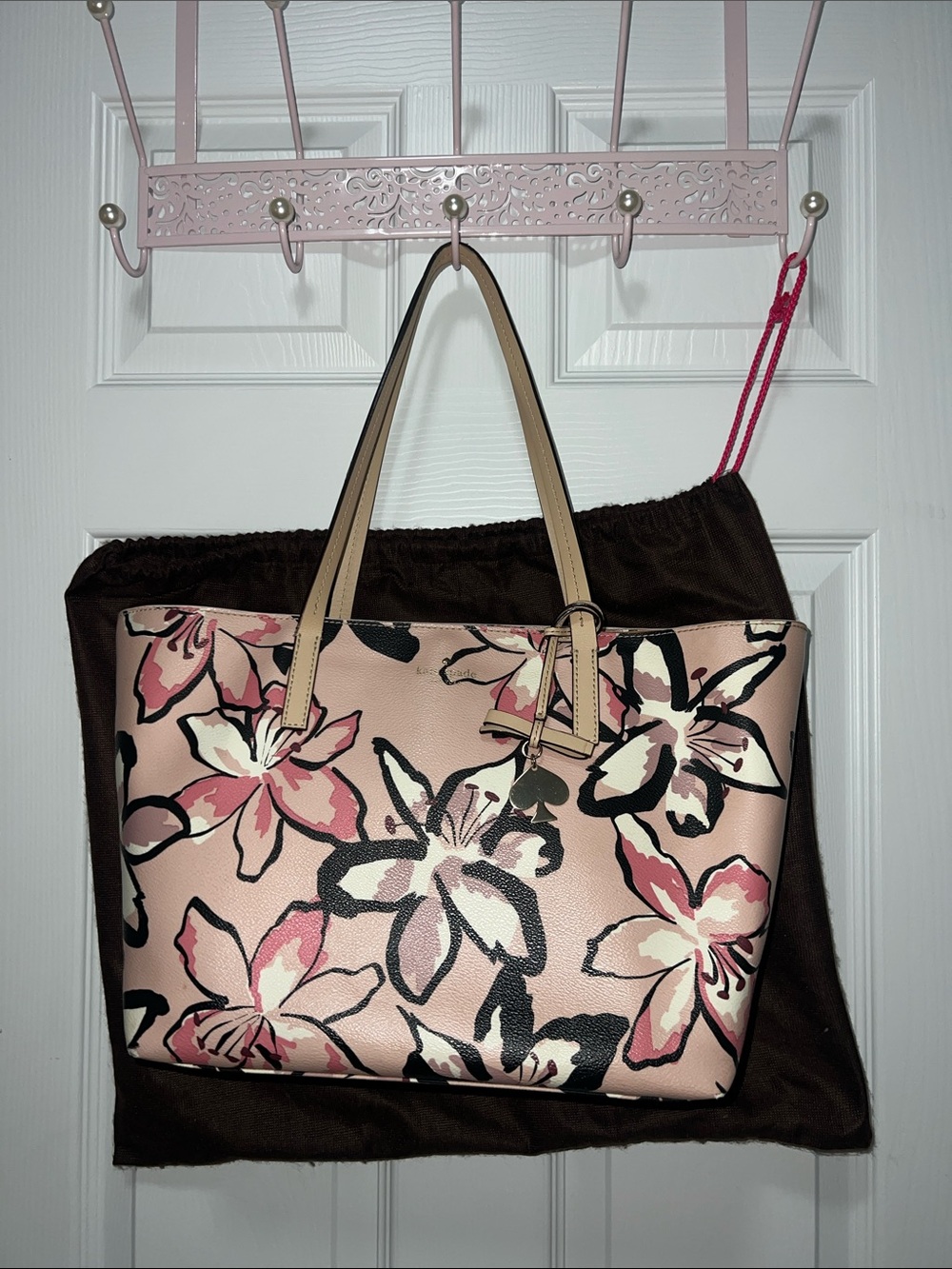 Kate Spade Floral Print Pink Tote Bag with Beige Handles